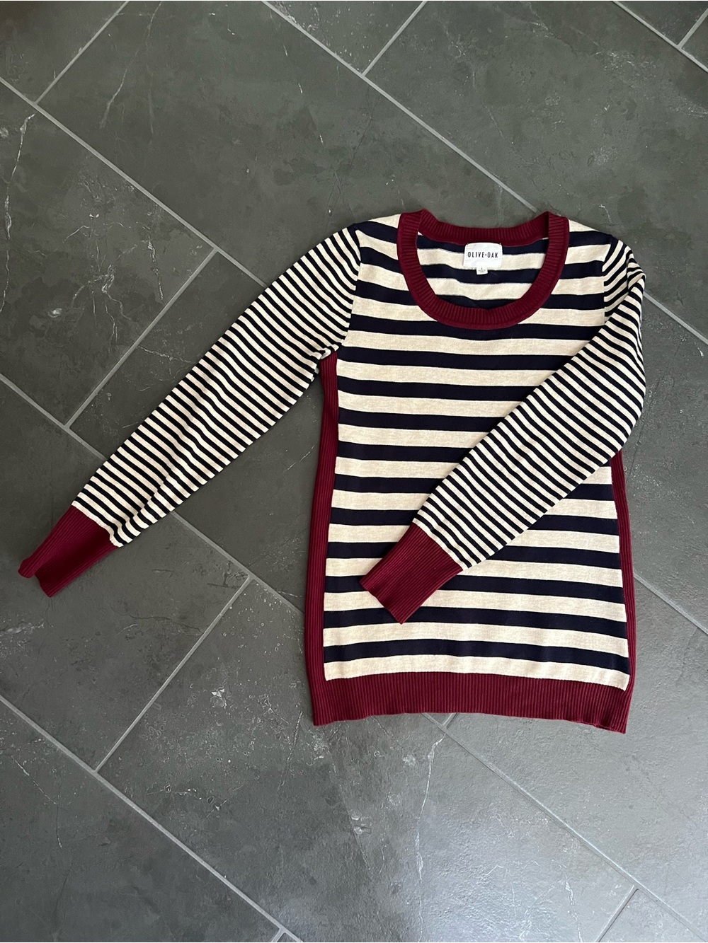 Olive & Oak Burgundy Trim Black and Cream Striped Women's Sweater S